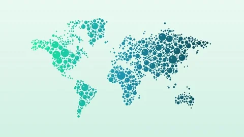 World map of teal bubbles popping up from big to small on mint Stock Footage 348337729