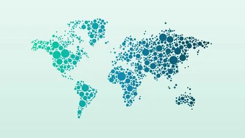 World map of teal bubbles popping up from big to small on mint, abstract wo.. Stock Illustration