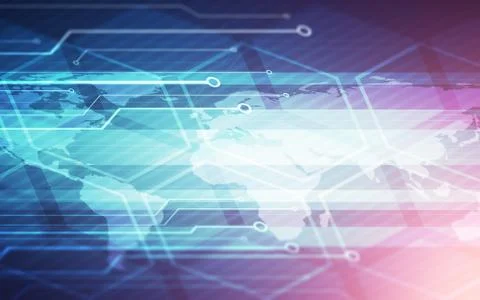 World map technology chip blue background Illustrazione stock