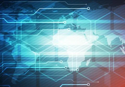 World map technology chip turquoise blue background Stock Illustration