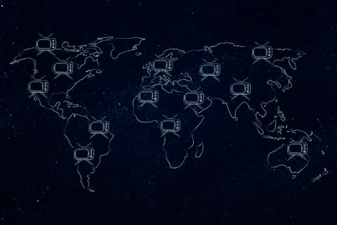 World map with television screens all over, worldwide audience Ilustração Stock