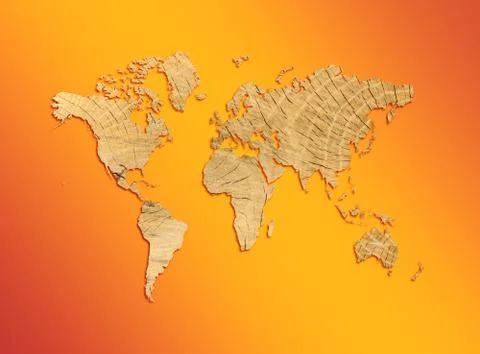 World map from texture of a tree on an orange background Stock Illustration