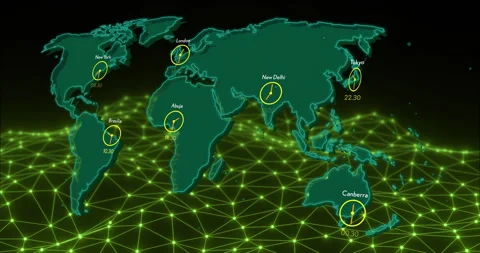 World map with time zones and clocks animation over green network grid Stock Footage 304767965