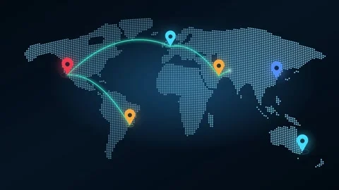 World Map Trade Pins Animation Dynamic Dots and Arcs Visual Geolocation Markers Stock Footage 344786756