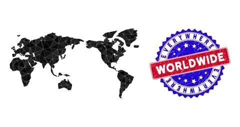 World Map Triangle Mesh and Distress Bicolor Stamp Stock Illustration