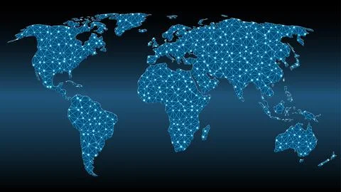 World map with triangular mesh and glowing dots Stock Illustration
