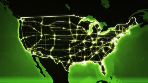 World map with US Airports, Roads and Railroads. Green. Loopable. Stock Footage
