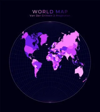 World Map. Van der Grinten II projection. Digital world illustration. Brigh.. Illustrazione stock