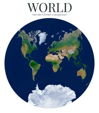 World Map. Van der Grinten II projection. High Detail Physical Map of The W.. Ilustração Stock