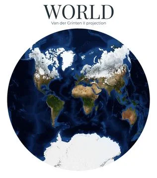 World Map. Van der Grinten II projection. High Detail Physical Map of The E.. Ilustração Stock