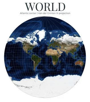 World Map in Van der Grinten III projection. Atlantic center view. High-det.. Ilustração Stock