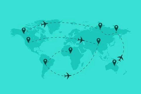 World map vector background with Airplane, dotted lines, and location icons Stock Illustration