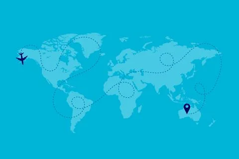 World map vector background with Airplane, dotted lines, and location icons Stock Illustration
