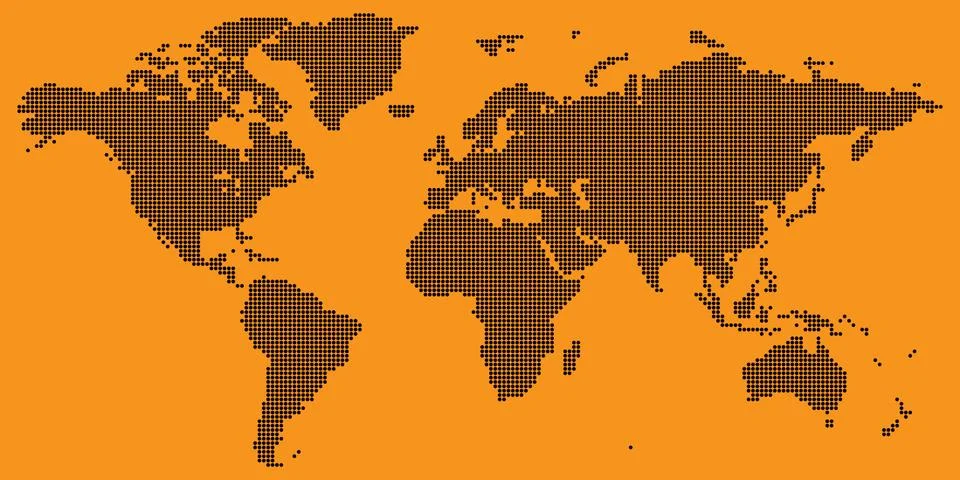 World map vector with black on orange colored round dotted Stock Illustration