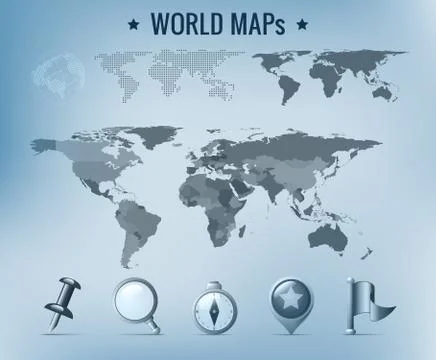 World map vector: political, dotted, solid. navigation icon pack. Stock Illustration