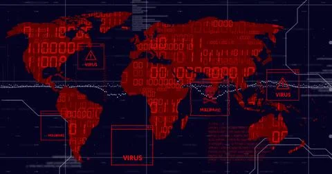 World map with virus and malware warnings, cybersecurity threat image Stock Illustration