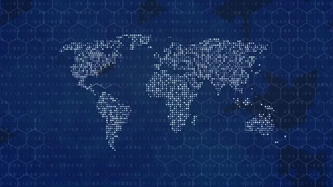 World map visualization with binary code, glowing digital dots and geometric Video stock 346829235