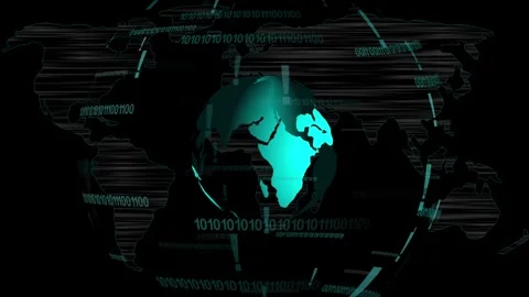 World map visualizes global data with glowing cyber globe. World map integr.. Stock Footage 337368443