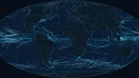 World map vividly with animated ocean current dynamics, highlighting Earth's Stock Footage 345375073