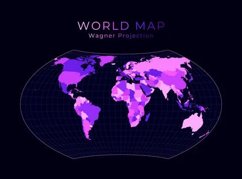World Map. Wagner projection. Digital world illustration. Bright pink neon .. Illustrazione stock