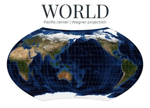 World map in Wagner projection. Pacific-centered view. High-detail physical.. Ilustração Stock