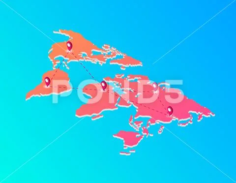 World map with web route labels isometric. Red continents with gps ...