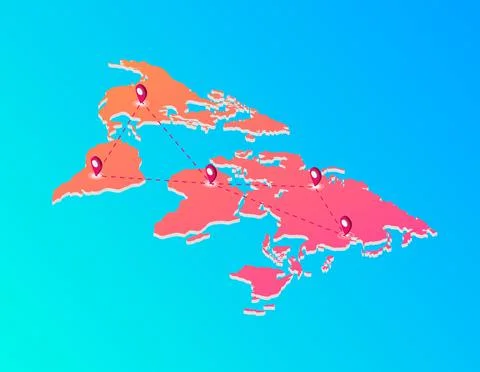 World map with web route labels isometric. Red continents with gps pointers on Stock Illustration