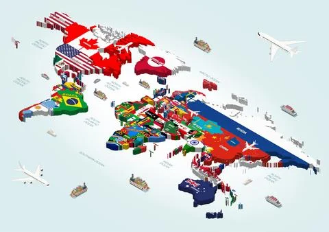 World map where countries are connected with their national flags Stock Illustration