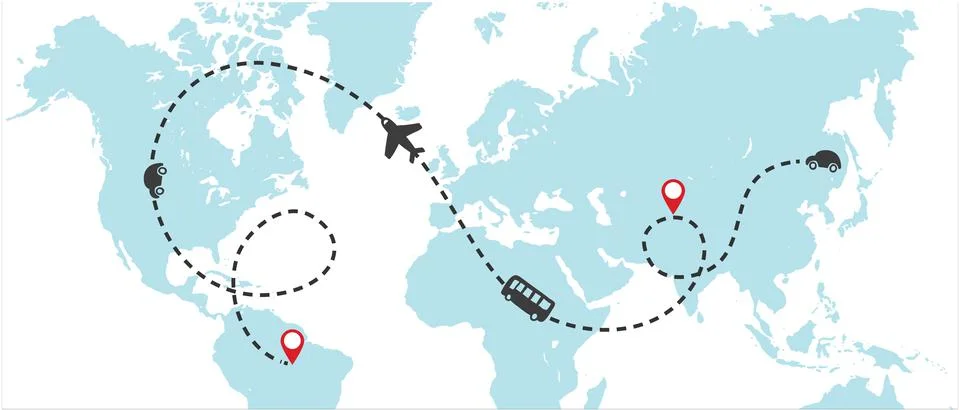 World map whit dashed trace line and airplanes flying, bus driving, and car Stock Illustration
