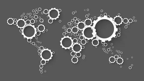 World map of white cog wheels on grey background Stock Footage 94696400