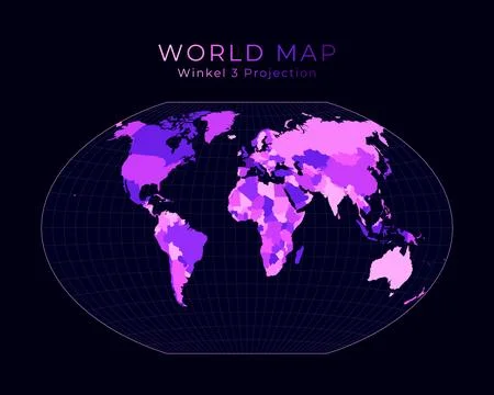 World Map. Winkel tripel projection. Digital world illustration. Bright pin.. 스톡 일러스트