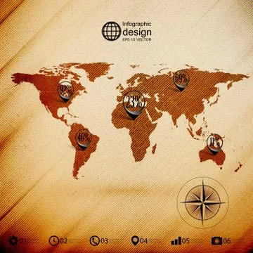 World map, wooden design background, infographics vector illustration Stock Illustration
