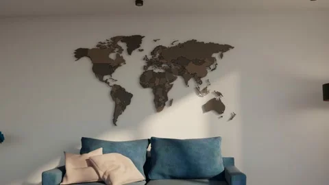 World map wooden wall decoration. Interior Decor for travel enthusiasts. Stock Footage