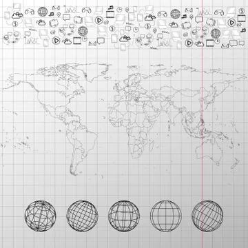 World map with world globes and other elements Stockillustratie