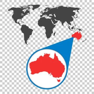World map with zoom on Australia. Map in loupe. Vector illustration in flat s Stock Illustration