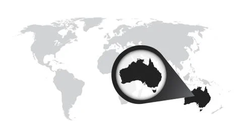 World map with zoom on Australia. Map in loupe. Vector illustration in flat s Stock Illustration