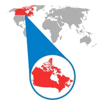 World map with zoom on Canada. Map in loupe. Vector illustration in flat styl Stock Illustration