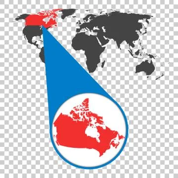 World map with zoom on Canada. Map in loupe. Vector illustration in flat styl Stock Illustration
