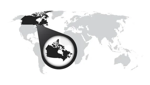 World map with zoom on Canada. Map in loupe. Vector illustration in flat styl Stock Illustration