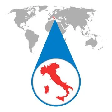 World map with zoom on Italy. Map in loupe. Vector illustration in flat style Stock Illustration