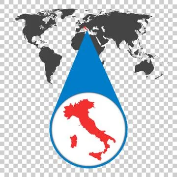 World map with zoom on Italy. Map in loupe. Vector illustration in flat style Stock Illustration