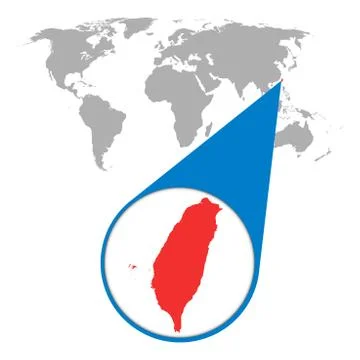 World map with zoom on Taiwan. Map in loupe. Vector illustration in flat styl Stock Illustration