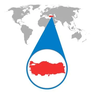 World map with zoom on Turkey. Map in loupe. Vector illustration in flat styl Stock Illustration