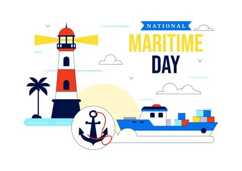 World Maritime Day Vector Illustration Featuring Lighthouse, Cargo Ship, Oc.. Ilustración de archivo