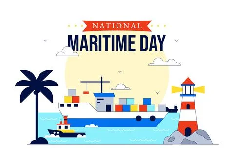 World Maritime Day Vector Illustration Featuring Lighthouse, Cargo Ship, Oc.. Ilustración de archivo