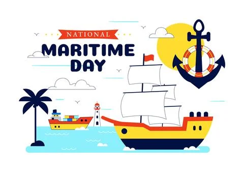 World Maritime Day Vector Illustration Featuring Lighthouse, Cargo Ship, Oc.. Ilustración de archivo