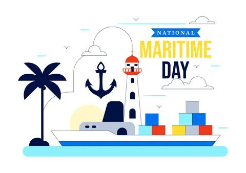 World Maritime Day Vector Illustration Featuring Lighthouse, Cargo Ship, Oc.. Ilustración de archivo