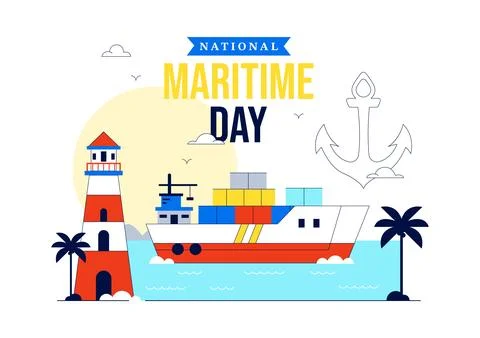 World Maritime Day Vector Illustration Featuring Lighthouse, Cargo Ship, Oc.. Ilustración de archivo