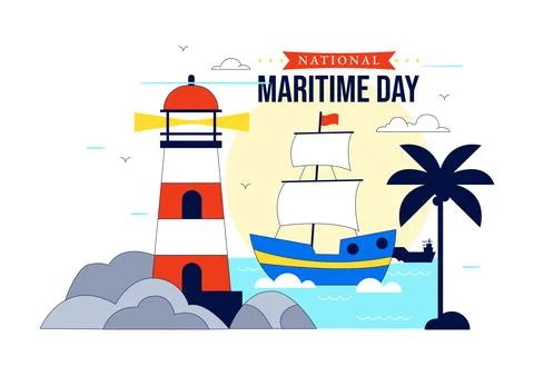 World Maritime Day Vector Illustration Featuring Lighthouse, Cargo Ship, Oc.. Ilustración de archivo