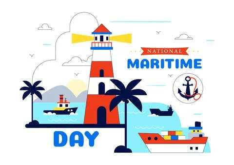 World Maritime Day Vector Illustration Featuring Lighthouse, Cargo Ship, Oc.. Ilustración de archivo